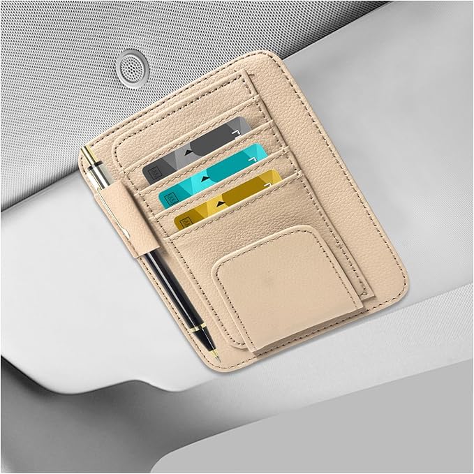 Car Sun Visor Organizer, Leather Auto Visor Card Holder with Sunglasses Clip, Multifunctional Sunvisor Storage Pouch Vehicle Interior Pocket for Driving License Pen Ticket (Beige)