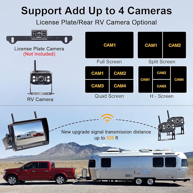 RV Backup Camera Wireless Recording 2 Cameras - Plug and Play Pre-Wired for Furrion System Night Vision 4 Channels HD 1080P 7'' Touch Key Monitor Rear View Camera for Trailer/Trucks/Camper Y28