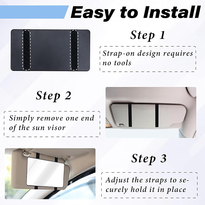 Car Sun Visor Mirror, Cosmetic Makeup Mirrors with Straps, HD Cars Interior Cosmetic Mirror, Car Accessories for Women Universal Sun Visor Mirrors for Trucks, Cars, SUVs (Black)