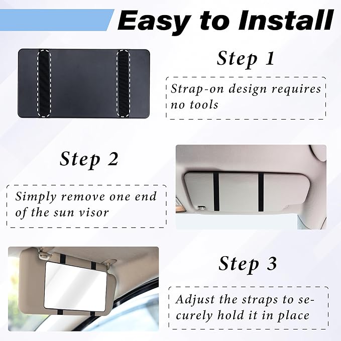2 PCS Car Sun Visor Mirror, Cosmetic Makeup Mirrors with Straps, HD Car Interior Cosmetic Mirror, Car Accessories Universal Sun Visor Mirrors for Trucks, Cars, SUVs (Black)