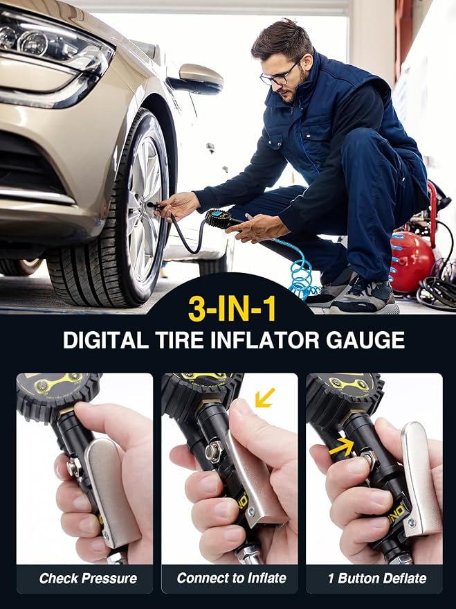 Digital Tire Inflator with Pressure Gauge, 200 PSI, Heavy Duty Air Compressor Accessories, with Rubber Hose Lock on Air Chuck and Quick Connect Coupler, Comes with a Portable Carrying Box