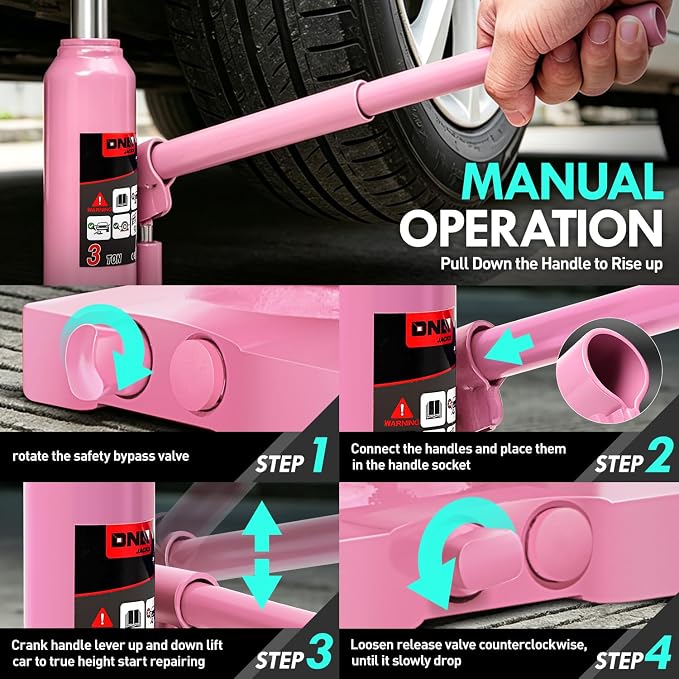 3 tons / 6000 lbs Lifting Automotive Welded Hydraulic Bottle Jack for Car SUV Pickup Truck, Auto Repair, with Manual Handle & Carrying Storage Case, Pink