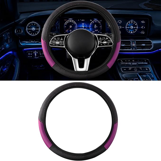 Car Steering Wheel Cover, 15 inch Carbon Fiber Microfiber Anti-Slip Breathable PU Leather Elastic Steering Wheel Protector, Car Interior Accessories for Most Cars (AD-Purple)