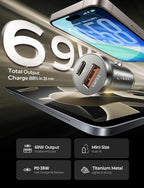 69W Mini Cigarette Lighter Adapter Car Charger USB C Fast Charging, 12V Cigarette Lighter USB Car Charger Fast Charging Adapter, for iPhone 17 Pro Max 16 15 14 13 12 Plus Mini, Samsung S26 S25
