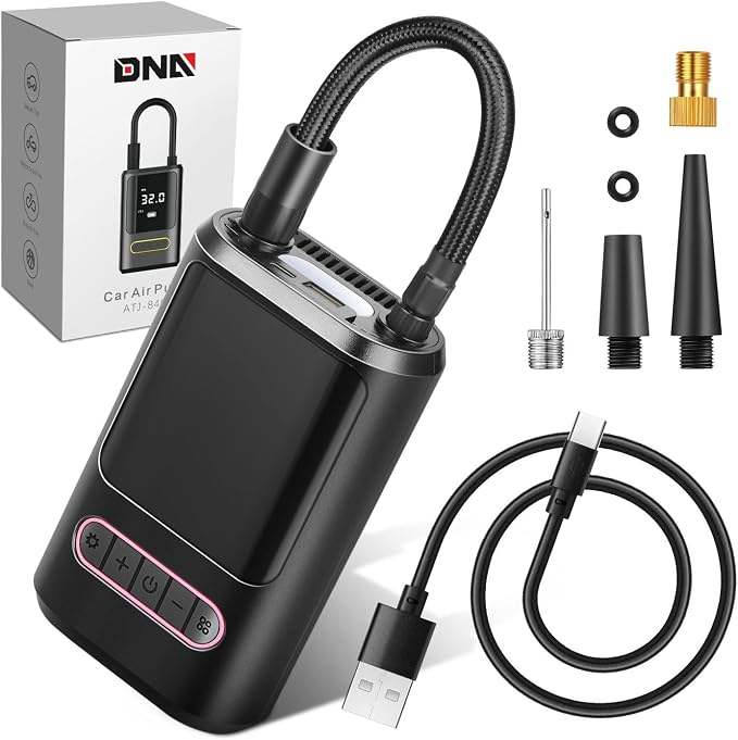 Tire Inflator Portable Air Compressor, 150PSI Cordless Air Pump for Car, Bike, Motorcycle, Ball, Electric Bike Tire Pump with Pressure Gauge, LED Light, Pink, TOOLS-00678-PK