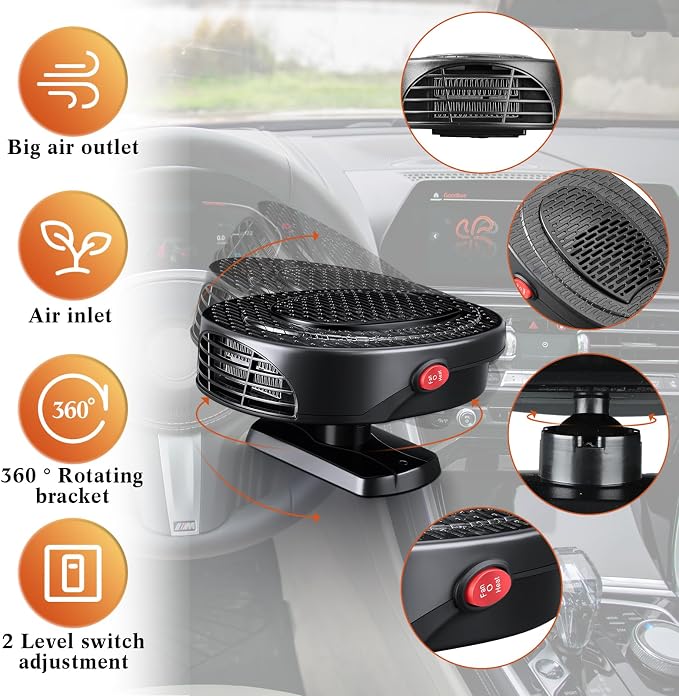 2 Pcs Portable 2 in 1 Car Heater 12v 150w Car Heater Plug in Cigarette Lighter Defroster Windshield 360 Degree Rotation Fan Auto Demister Cooling Air Circulator(Black)