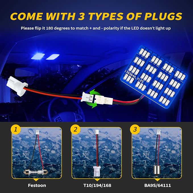 Car Interior LED Lights Accessories with 194 168 T10 / BA9S / DE3175 6418 211-2 578 Festoon Adapters, 48-SMD Panel Lamps for Dome Map Door Trunk Courtesy License Plate Lights (Ultra Blue)