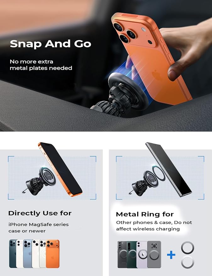for MagSafe Car Mount [Strong Magnets] Magnetic Phone Holder for Car Hands Free Cell Phone Mount Cradle Vent & Dashboard Car Accessories for Women Men fit iPhone 17 16 15 14 13 12, Black | 2-in-1 Vent & Dashboard Car Phone Mount 22*N55 Strong Mag...