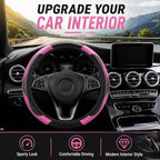 Car Steering Wheel Cover 15 inch, Microfiber PU Leather Elastic Steering Wheel Protector, Anti-Slip Breathable Car Interior Accessories for Most Cars (Pink)