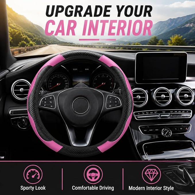 Car Steering Wheel Cover 15 inch, Microfiber PU Leather Elastic Steering Wheel Protector, Anti-Slip Breathable Car Interior Accessories for Most Cars (Pink)