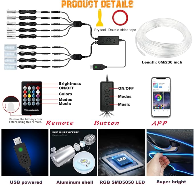 Car LED Lights, Interior Car Lights with Wireless APP/RF Remote/Button Control, Car Ambient Lighting Kit with 236" Integrated Molding Fiber Optic RGB Sync to Music (9 in 1-USB)