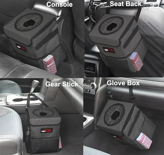 Waterproof Car Trash Can with Lid and Pockets, 2.5 Gal, Dark Gray | Leakproof, Collapsible Multipurpose Car Bin with 3 Side Storage Pockets, Adjustable Straps