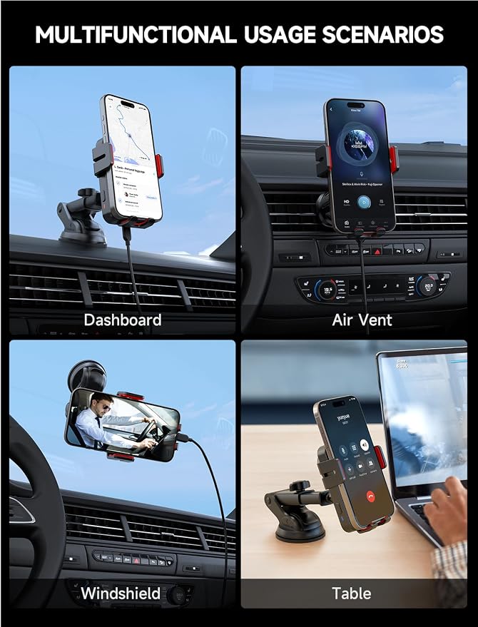 Wireless Car Charger, 15W Auto Clamping Car Charger Dash Windshield Air Vent Phone Holder Compatible with iPhone 16 15 14/13/13 Pro/12 pro/12/11/X/8, Samsung S24/S23/S22, red