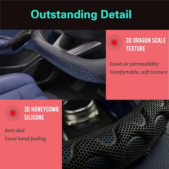 D Shaped 14.5-15 Inch Steering Wheel Cover Great Grip with 3D Honeycomb Anti-Slip Design, Flat Bottom 14.5-15 Inch (Blue)