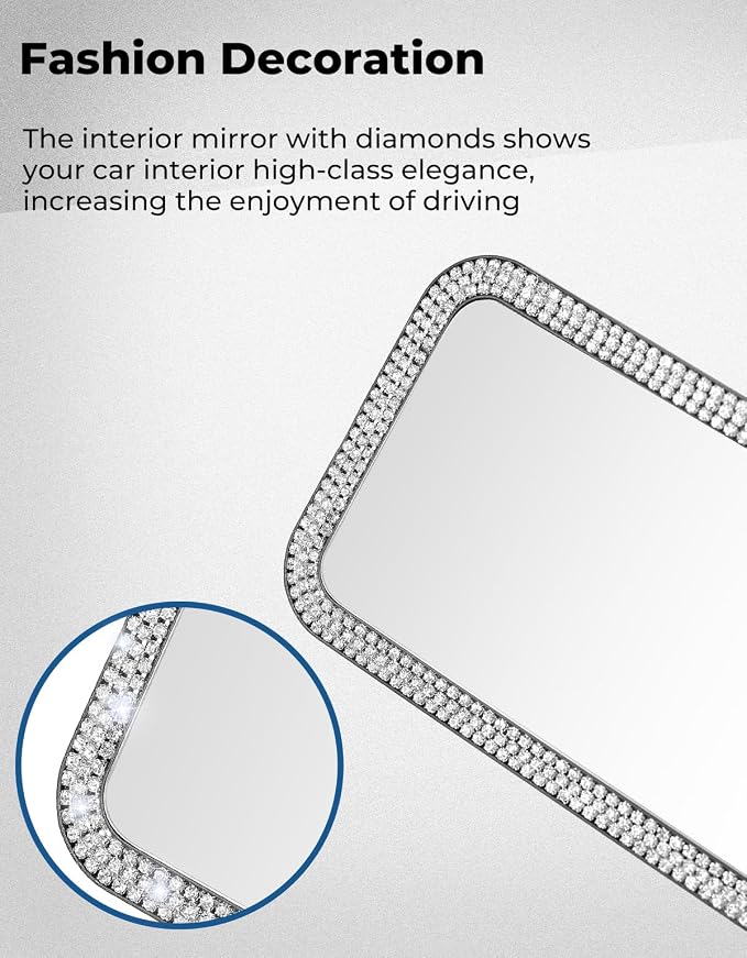 Rear View Mirror, Universal 12 Inch Panoramic Rearview Accessories with Bling Rhinestones Crystal Diamonds Edge, Interior Clip-on Wide Angle Rear View Mirror -White