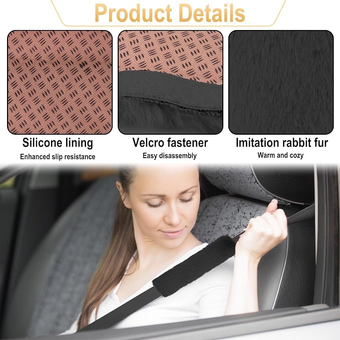 3 PCS Fluffy Steering Wheel Cover Set, 15'' Furry Car Wheel Cover, 2 Seat Belt Shoulder Pads, Anti-Slip Fur Steering Wheel Cover, Winter Warm Fluffy Car Accessories for Women, Black