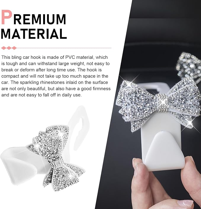 2PCS Bling Bow Car Seat Headrest Hooks, S Type Cute Bow Car Seat Back Hanger Storage for Purses Bags Grocery, Crystal Rhinestone Vehicle Rear Seats Organizer, Universal for Most Cars (White)