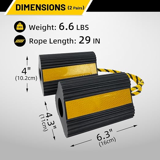 Wheel Chocks (2pair/4pack with Rope) for RV Trailer Camper Truck Car Aircraft, Versatile Heavy Duty Rubber Wheel Chocks Block with 3 Reflective Strips, Tire Wheel Immobilizers & Chocks