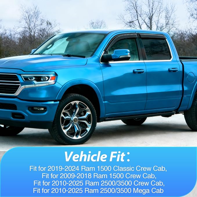 Tape-On Window Visors for 2019-2024 Ram 1500 Classic Crew Cab, 2009-2018 Ram 1500 Crew Cab, 2010-2025 Ram 2500 3500 Crew Cab & Mega Cab, Outside Mount Rain Guards Vent Visors, 4PCS