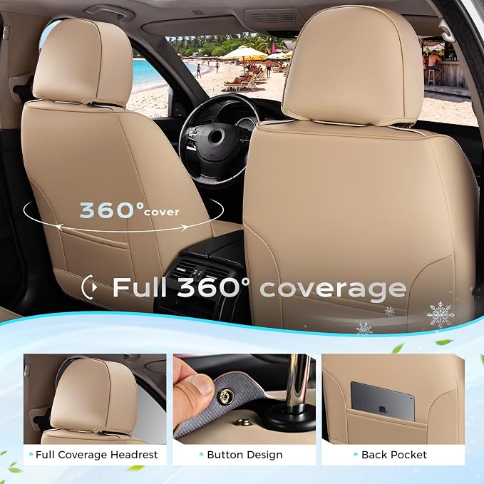 Coverado Seat Covers Full Set, 5 Seats Universal Seat Covers for Cars, Beige Car Seat Covers Front Seats Back Seat Cover, Breathable Car Seat Cushion, Leather Seat Cover Seat Protector Fit Most Cars