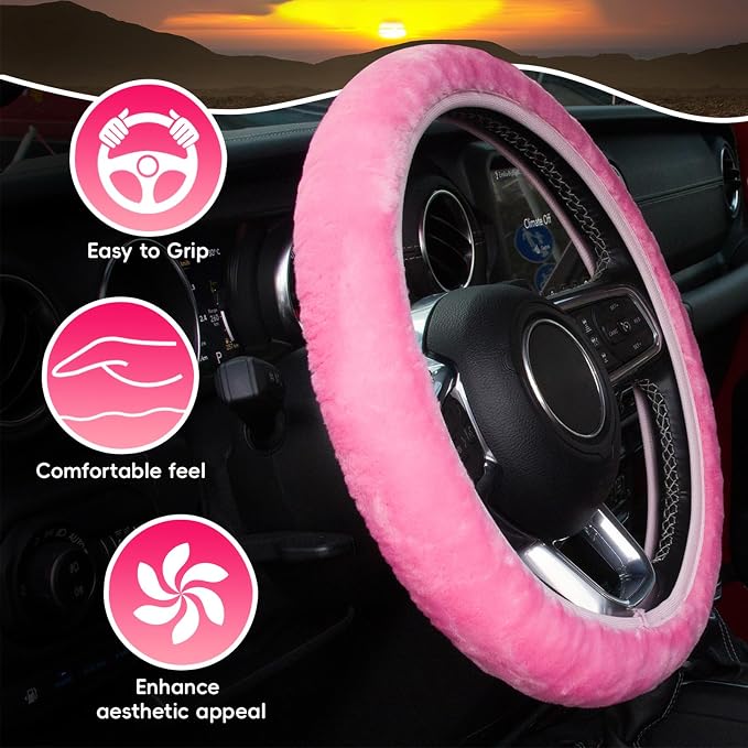 Pink Elastic Fuzzy Steering Wheel Cover,Microfiber Plush Steering Wheel Cover for Woman Girl,Winter Warm, Universal 15 inch
