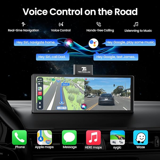 10.26" Portable Apple CarPlay Screen for Car with Rotatable 4K Dash Cam, Wireless CarPlay & Android Auto Display with 1080P Backup Camera, 64GB Card Included, GPS Navigation, Voice Control