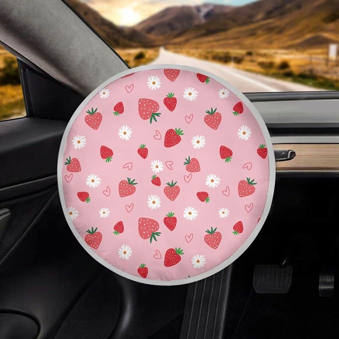 Strawberry Steering Wheel Cover Sun Shade,Anti-Heat Steering Wheel Protector,Universal 17 inch Auto Steering Wheel Sun Block Cover,Cute Steering Wheel Accessories for Women