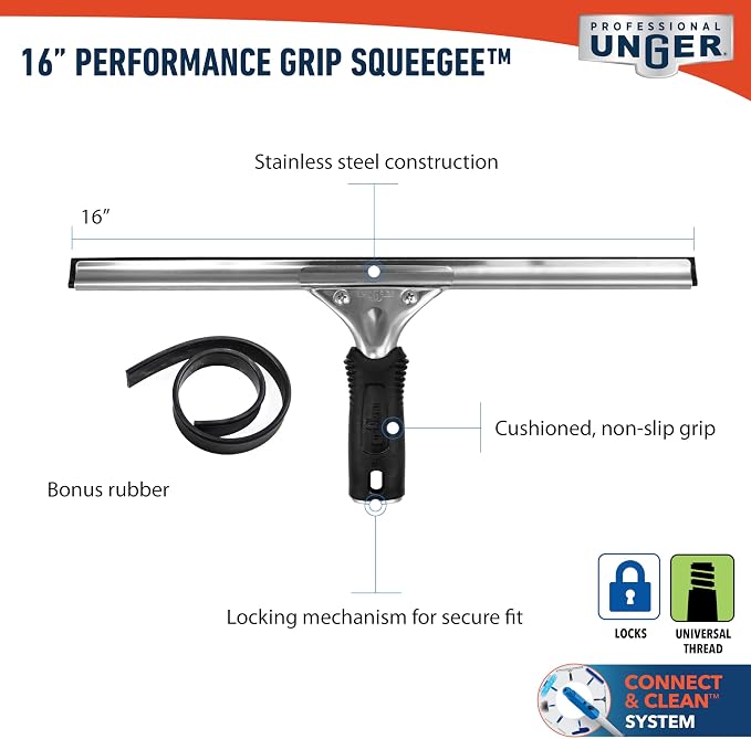 Connect and Clean 16” Performance Window and Glass Cleaning Squeegee with Replacement Rubber, Cleaning Supplies, Heavy Duty Household Cleaner Tools with Streak-Free Results