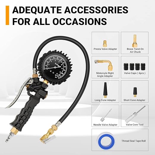 Tire Pressure Gauge with Inflator, 230 PSI Heavy Duty with Air Chuck Compressor Accessories， 360° Rotatable Dial and Air Chuck, Compatible with Bicycle/Truck/SUV/Motorcyle/RV