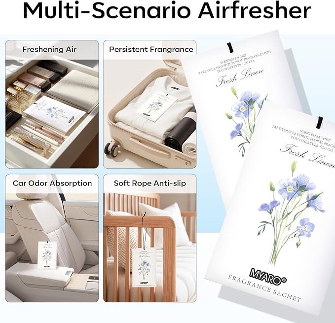 12 Pack Fresh Linen Scented Sachets for Drawer, Closet & Car Air Freshener Bags | Odor Eliminator & Fabric Refresher | Crisp, Clean Home Fragrance Gift Set