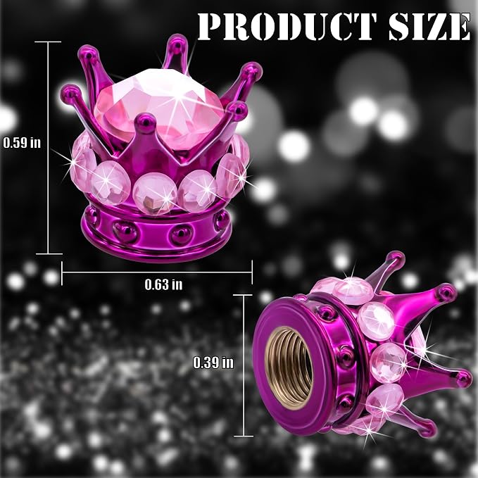 4PCS Crown Bling Tire Stem Valve Caps, Crystal Diamond Car Wheel Tire Valve Caps Universal Copper Core Stem Covers for Cars, SUV, Trucks, Bikes, Motorcycles, Bicycles (Purple & Pink)