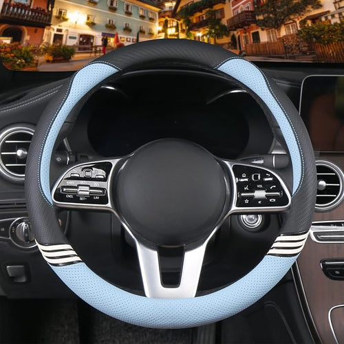 14 inch Cute Steering Wheel Cover for Women Men Faux Leather and Carbon Fiber,Black and Blue