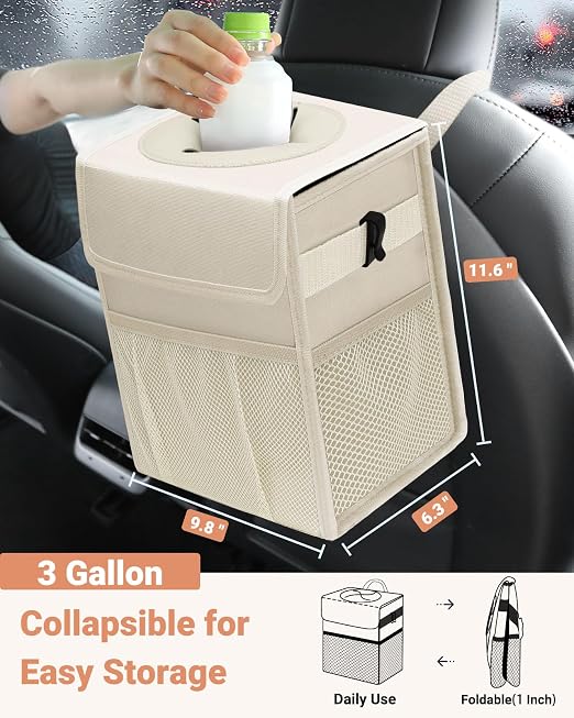 Car Trash Can with Lid, Leakproof Car Trash Bag Hanging Waterproof Automotive Garbage Can with Storage Pockets Mini Vehicle Trash Bin for Back/Front Seat(Beige,3 Gallon)