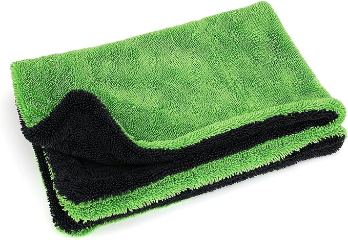 1200GSM Microfiber Car Drying Towel, Double-Twist Loop, Ultra-Absorbent, Quick-Dry, Lint- & Streak-Free, Scratch-Safe, for Car Wash & Detailing (1 Pack) (Dark Grey & Green, 16" x 24")
