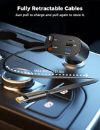 【Upgraded】 Retractable Car Charger 4 in 1, Fast Car Phone Charger with Cord 2.6ft, USB C and Apple Car Charger Adapter, Compatible with iPhone 17 16 15/15 Pro Max/14/13/12/11, Galaxy, Pixel