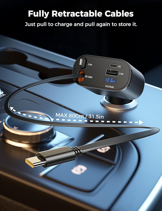 【Upgraded】 Retractable Car Charger 4 in 1, Fast Car Phone Charger with Cord 2.6ft, USB C and Apple Car Charger Adapter, Compatible with iPhone 17 16 15/15 Pro Max/14/13/12/11, Galaxy, Pixel