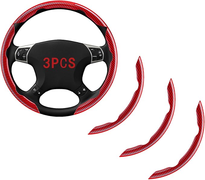 Steering Wheel Covers, 3PCs Carbon Fiber Anti-Skid Clip on Car Steering Wheel Cover Protector Universal for Most Car, Red