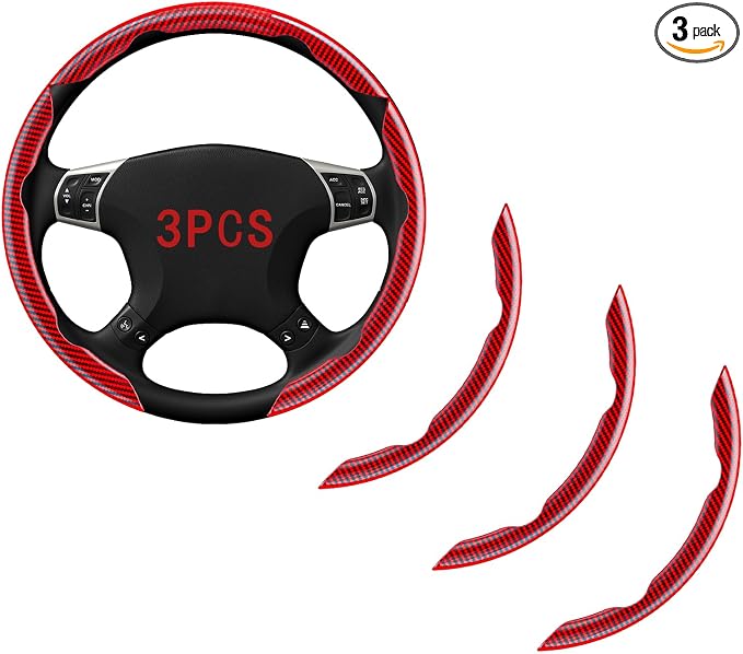 Steering Wheel Covers, 3PCs Carbon Fiber Anti-Skid Clip on Car Steering Wheel Cover Protector Universal for Most Car, Red