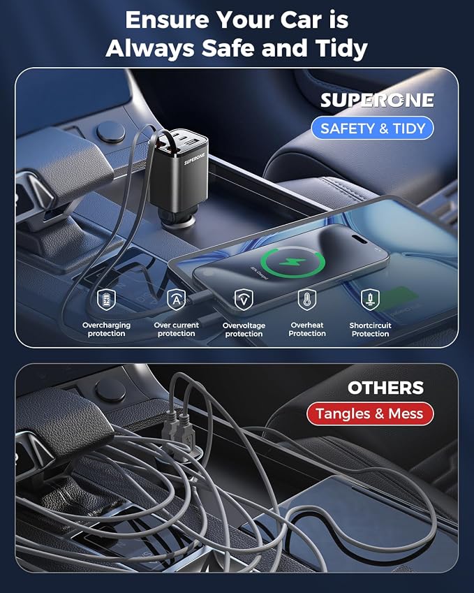 2026 Ultra-Compact Retractable Car Charger, 5 in 1 Car Phone Charger with Dual Type C Cables, 84W Fast Charging USB C Car Accessories Adapter for iPhone 17/16/15/14/13/12/11, Galaxy, Pixel