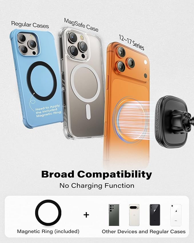 Phone Holder for Car, Dashboard Windshield Phone Holder Mount with Flexible Arm & Built-in Strong Magnets, Suction Cup Phone Holder for Car Compatible with MagSafe