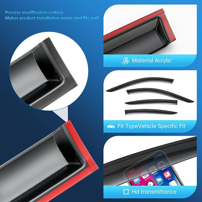 4Pcs Set Tape-On Rain Guards Window Visors for Acura TL Sedan 2009-2014 Window Deflectors Black
