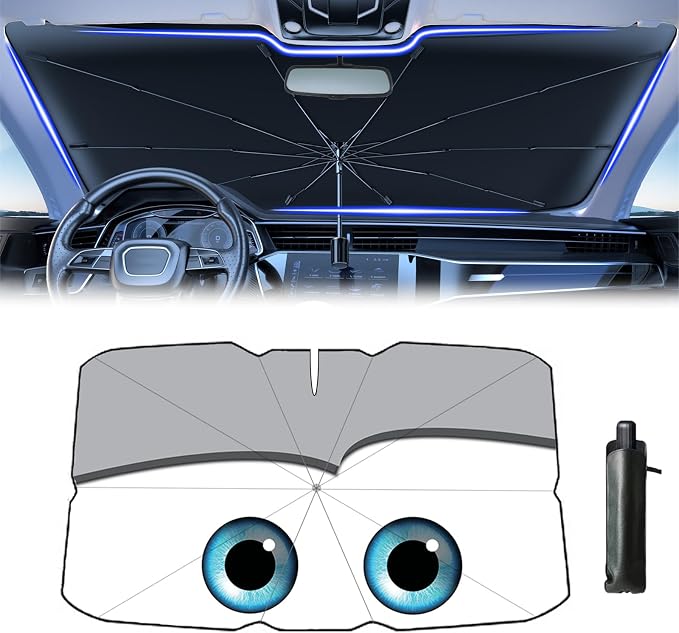 Windshield Sun Shade 2025 Car Accessories 100% Blackout Car Front Windsow Shades Umbrella Automotive Sun Visor Block Heat Insulation Protection (Gry Eyes)