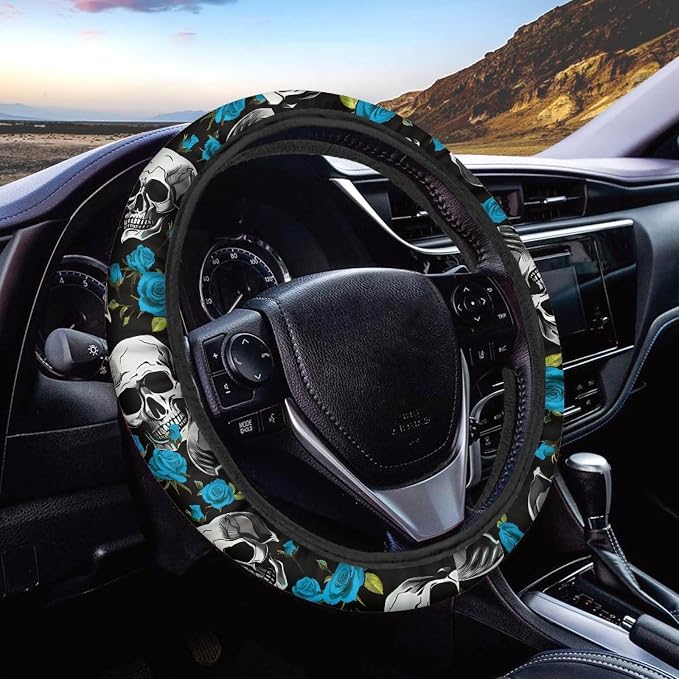 Skulls Print Car Steering Wheel Cover Stretch-on Fabric Neoprene Comfortable Grip Automotive Steering Wheel Protector Adult Anti-Slip Universal 15 inch Machine Washable Gray