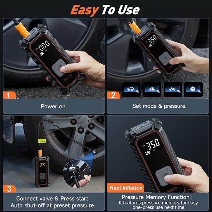 Cordless Tire Inflator Portable Air Compressor, Dual Power - 5400 mAh & 12V DC, Air Pump for Car Tires, Bike, Motorcycle, Bicycle, Electric Pump with LED Light & Digital Pressure Gauge
