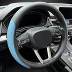 Nappa Leather Steering Wheel Cover,Elegant Diamond Checkered Design, Non-Slip wear-Resistant, Enhance Driving Comfort, Suitable for Steering Wheel Diameter 14 1/2‘-15’ Models.Black Blue