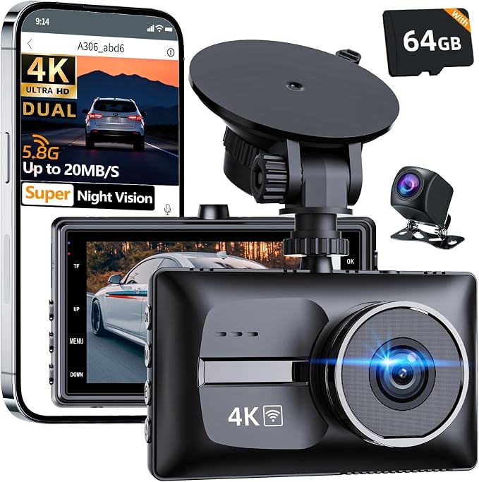 Dash Cam Front and Rear, 4K+1080P Dual Dash Camera for Cars, Free 64GB Card (256GB Max), 5.8GHz WiFi Up to 20MB/s, WDR Night Vision, 3" IPS, G-Sensor, Loop Recording, 24H Parking Mode