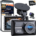 Dash Cam Front and Rear, 4K+1080P Dual Dash Camera for Cars, Free 64GB Card (256GB Max), 5.8GHz WiFi Up to 20MB/s, WDR Night Vision, 3" IPS, G-Sensor, Loop Recording, 24H Parking Mode