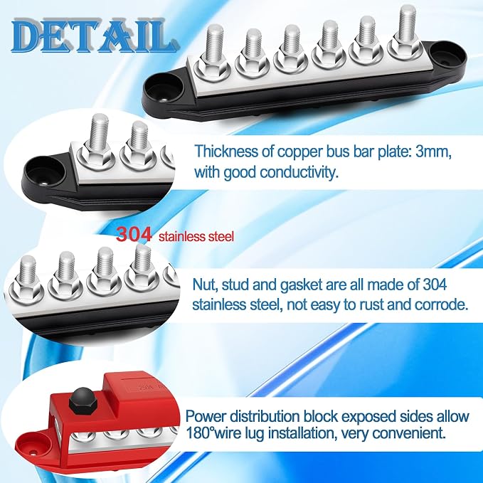 250A Bus Bar 12V Marine 1/4" Power Distribution Block Automotive Busbar Terminal Block,Battery Buss Bar (Pair, Red & Black) 6 x 1/4" Post Terminals