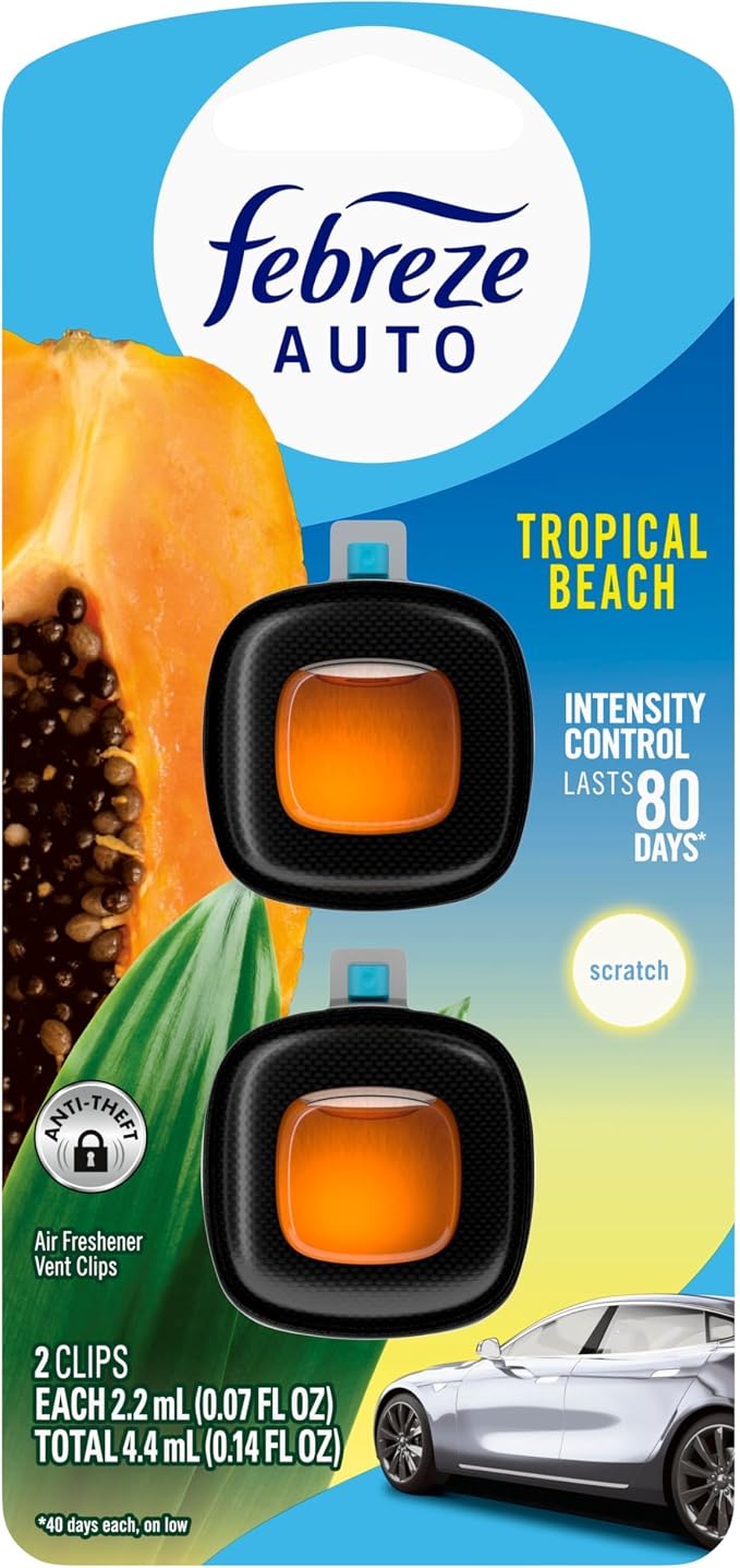 AUTO Air Freshener, Odor-Fighting Automotive Vent Clip, Scented Car Accessories, Long Lasting for Strong Odors, Tropical Beach Scent, 2 Count