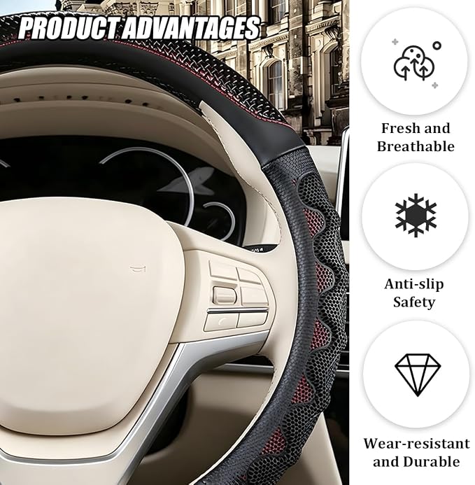 Car Steering Wheel Cover, 14.5-15" Anti-Slip Steering Wheel Protector with 3D Honeycomb Massage Grip, Comfortable Auto Interior Decor Accessories, Universal for SUV Van Truck (Black/Red)